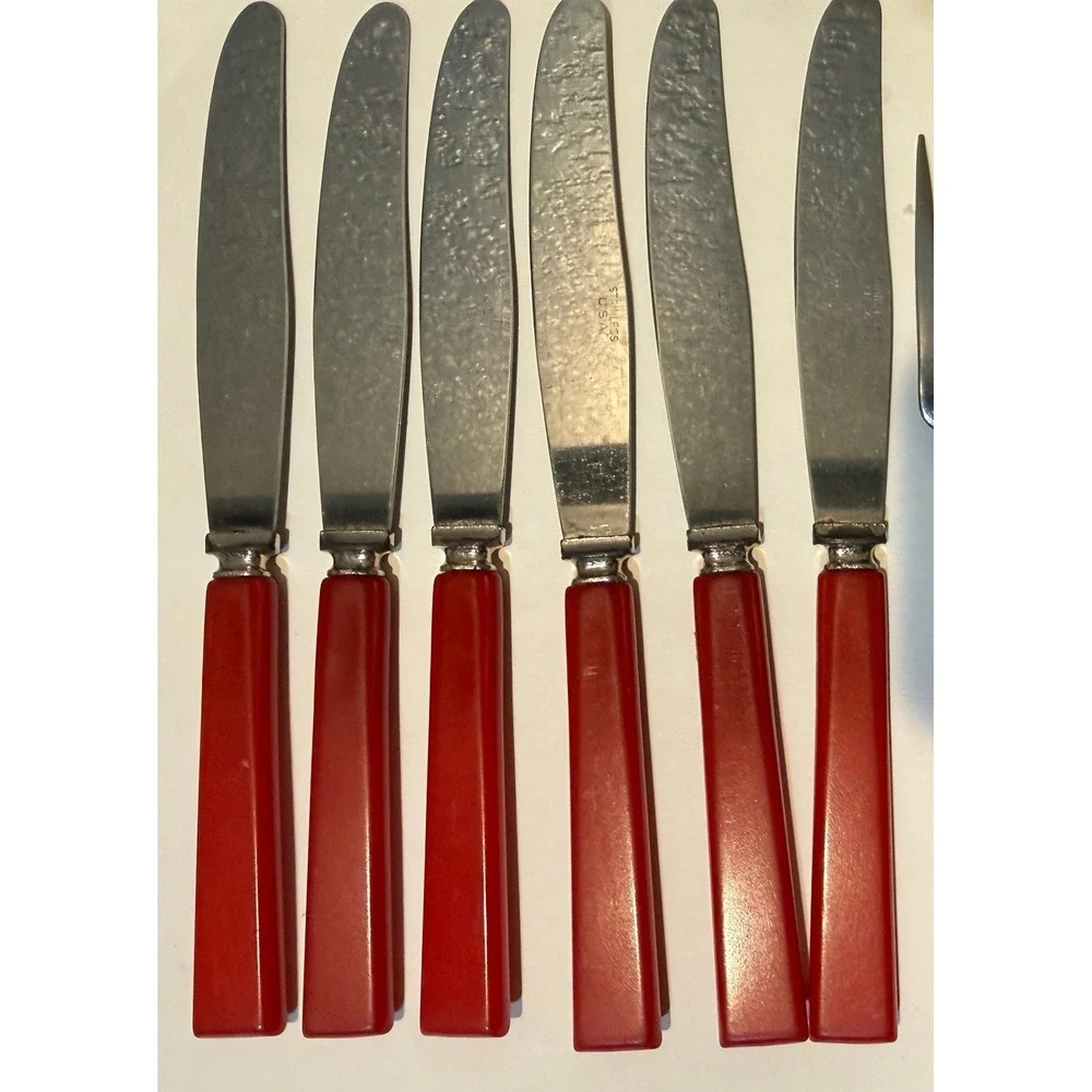 Vtg Bakelite Red Handle Stainless Steel Knives Set of 6 Mid Century Modern Knife